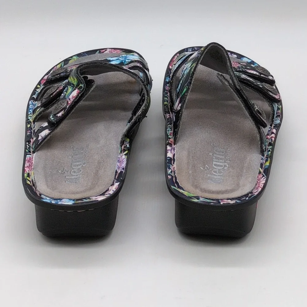 Alegria Shoes Womens Dinah Black Flora EUR 39 Leather Sandals Slide Wedge NEW